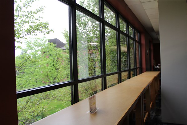 New counter-level tables with seating overlooking the backyard