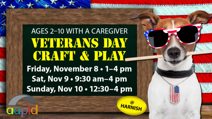 We invite those aged 2 through 10 with a caregiver to join us at the Harnish Main Library for Veterans Day Craft & Play! Taking place on Friday, November 8 from 1 to 4 pm, Saturday, November 9 from 9:30 AM to 4 PM, and Sunday, November 10 from 12:30 to 4 PM.