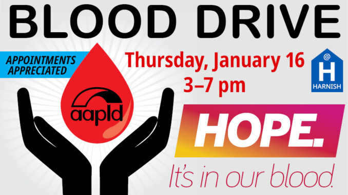 Join us at the harnish main library on thursday january 16 from 3 to 7 PM for our community blood drive!